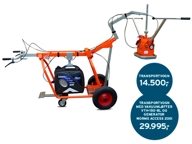 Sæt: Transportvogn med vakuumløfteren Hamevac TH-150-BL, sugekop og generatoren Worms Access 2000i